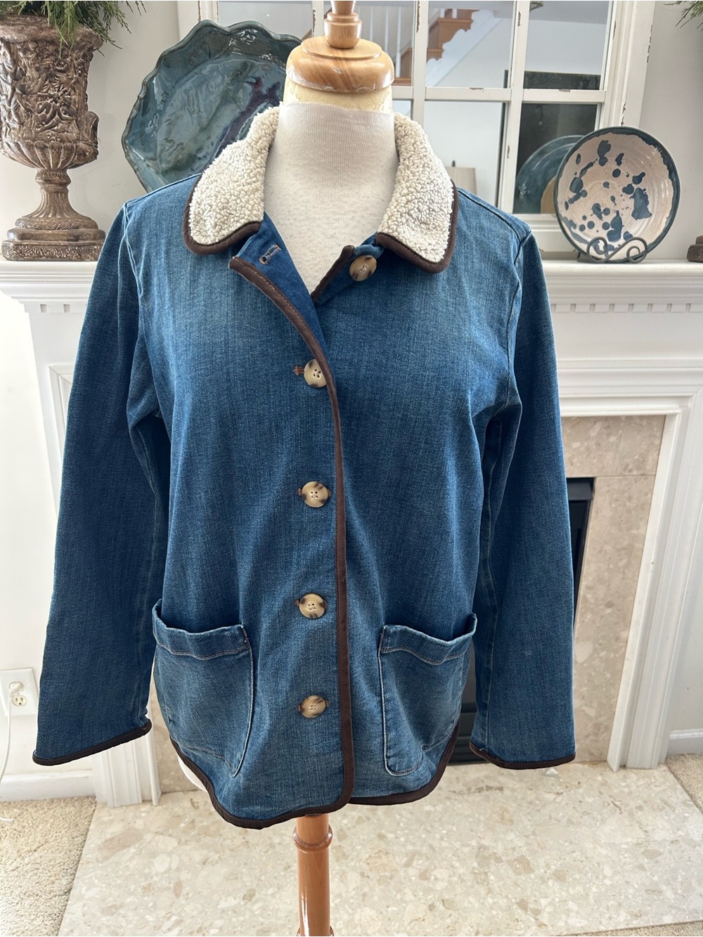 J. Jill Blue Barn Jacket with Cream Sherpa Collar